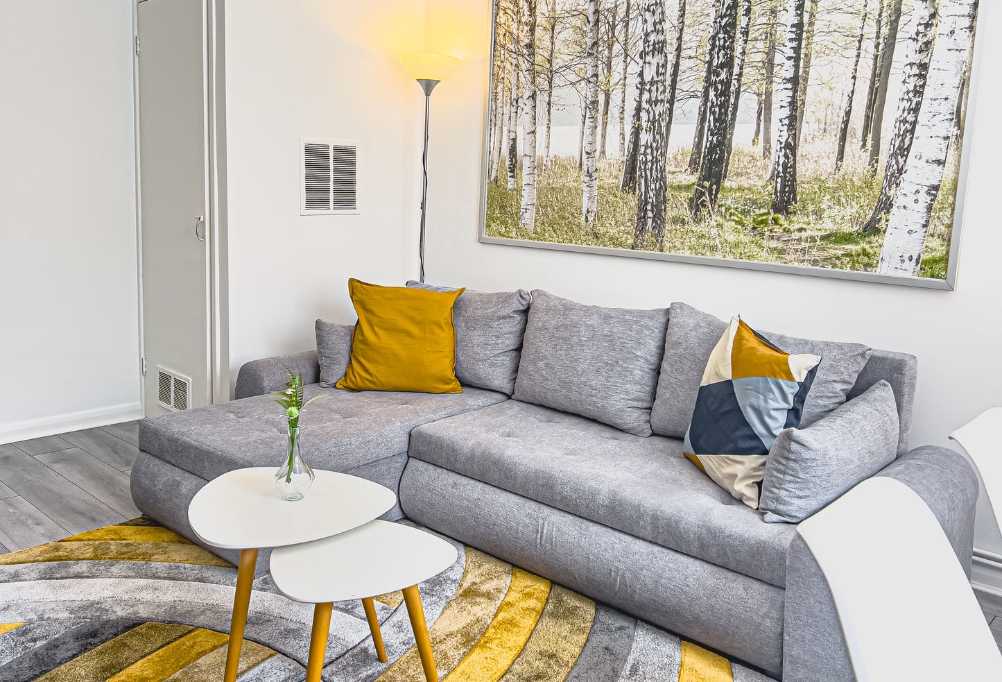 modern stylish comfortable grey sofa in a modern airbnb in london bridge borough market