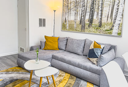 modern stylish comfortable grey sofa in a modern airbnb in london bridge borough market